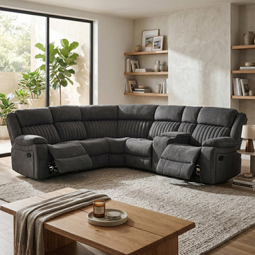 Morgan Iron manual recliner corner sofa reclining in a living room