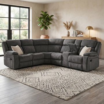 Morgan Slate Grey manual recliner corner sofa in a living room