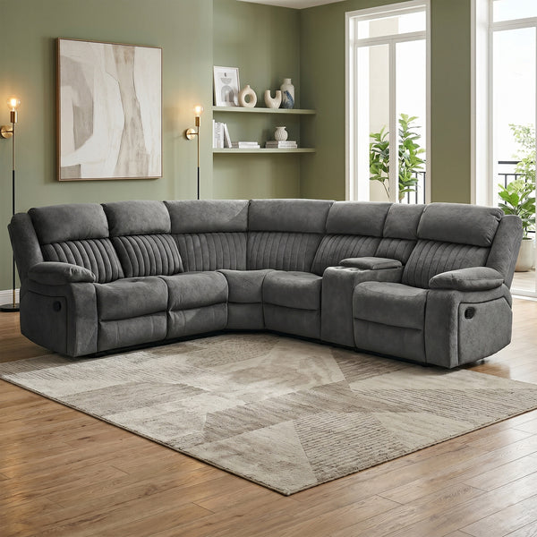 Morgan Slate Grey manual recliner corner sofa alternate living room view