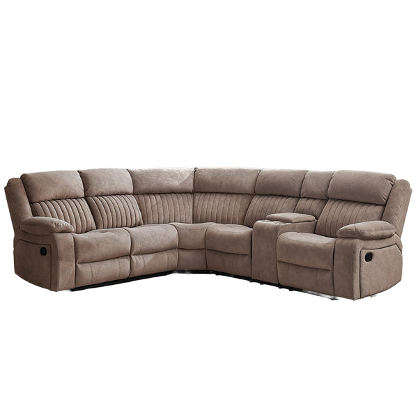 Morgan taupe manual recliner corner sofa upright on a white background