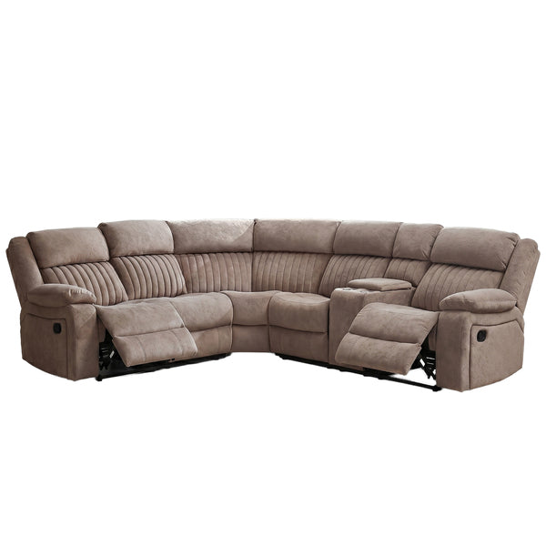 Morgan taupe manual recliner corner sofa reclining on a white background