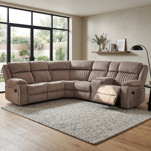 Morgan taupe manual recliner corner sofa upright in a living room