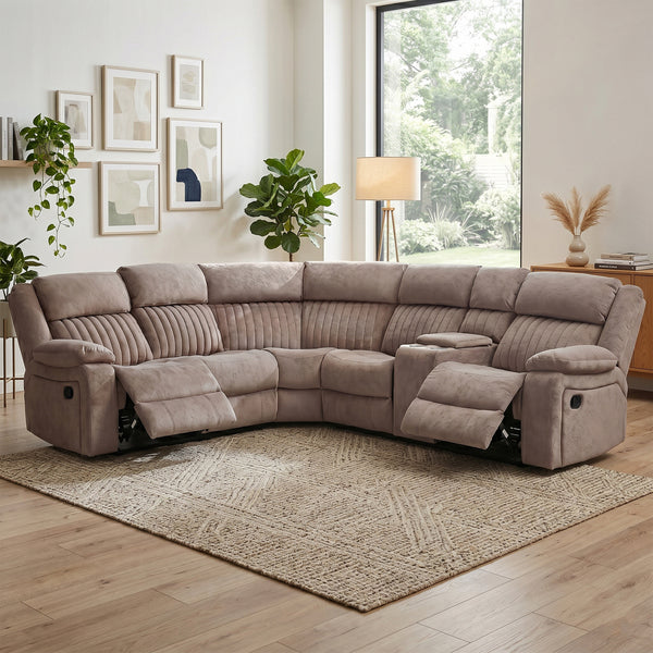 Morgan taupe manual recliner corner sofa reclining in a living room
