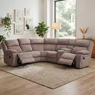Morgan taupe manual recliner corner sofa reclining in a living room