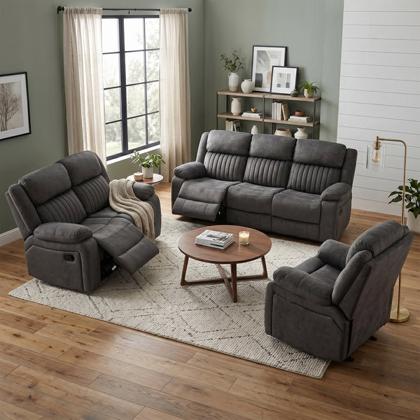 Morgan Manual Recliner Armchair in Iron, with matching Morgan seating in a living room