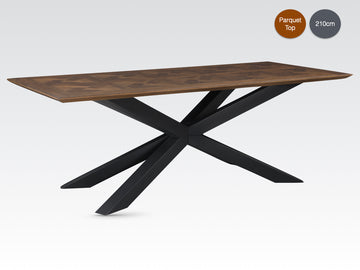 Nevada 210 cm dining table with brown parquet top and black crossed pedestal base