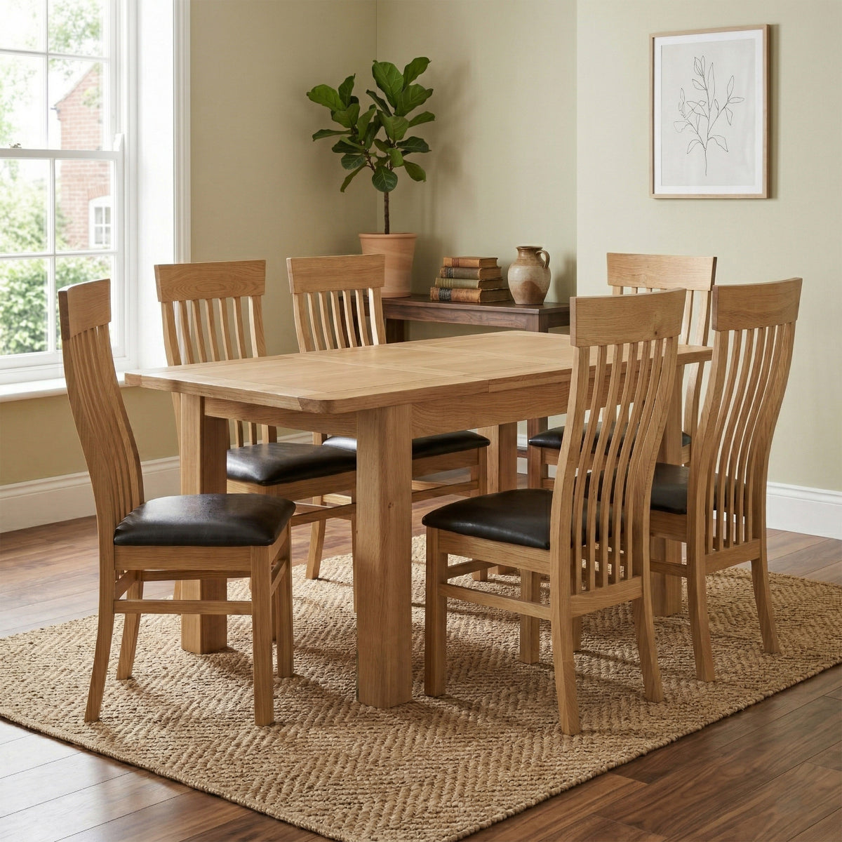 Treviso oak extending dining table with six slatted-back chairs in a room setting