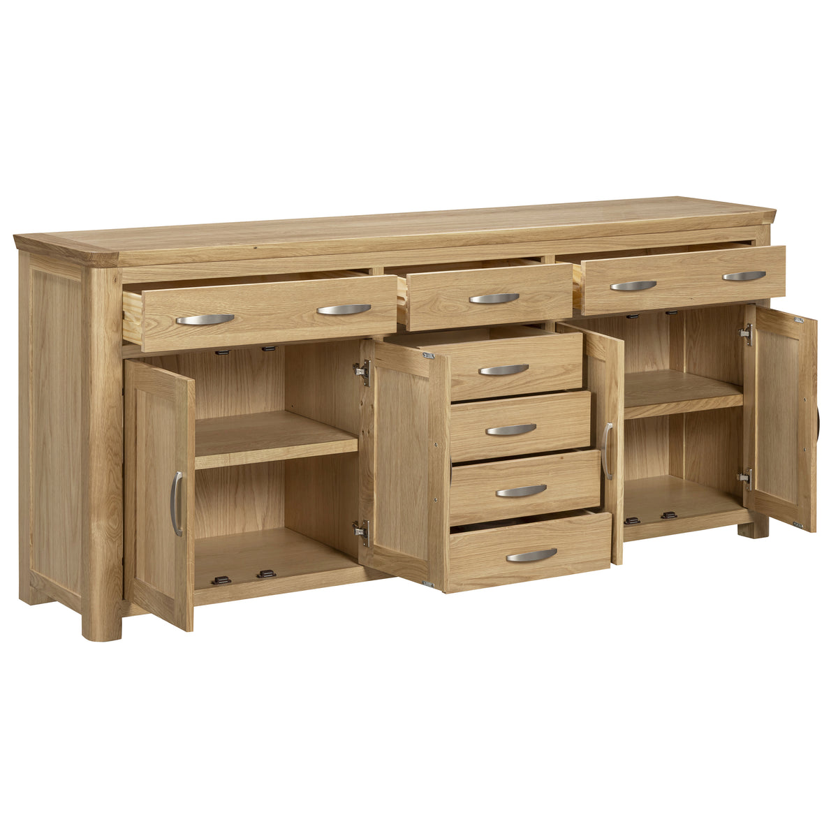 Treviso Oak Grand Sideboard, open cupboards and drawers