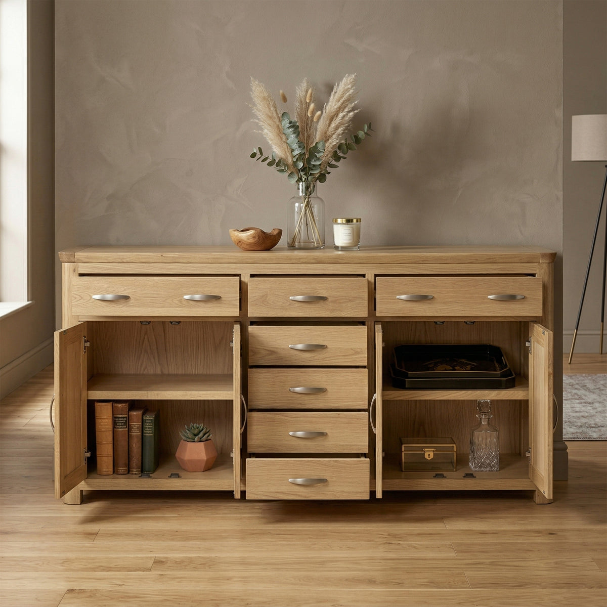 Treviso Oak Grand Sideboard, room setting with storage open