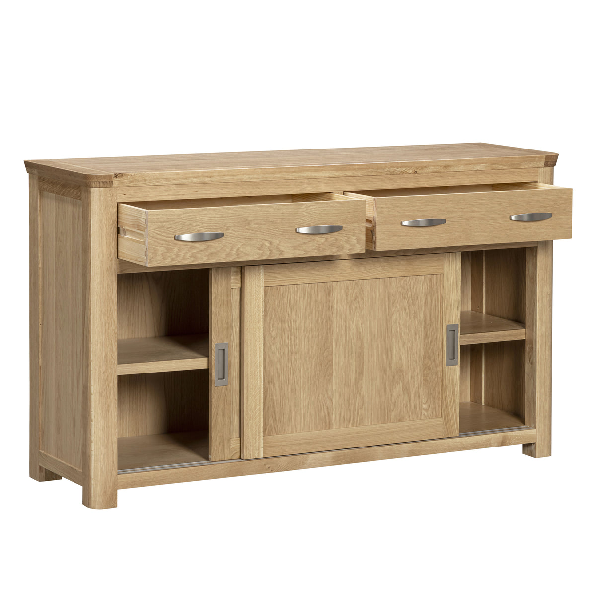 Treviso oak Sliding Door Sideboard, open drawers and sliding door