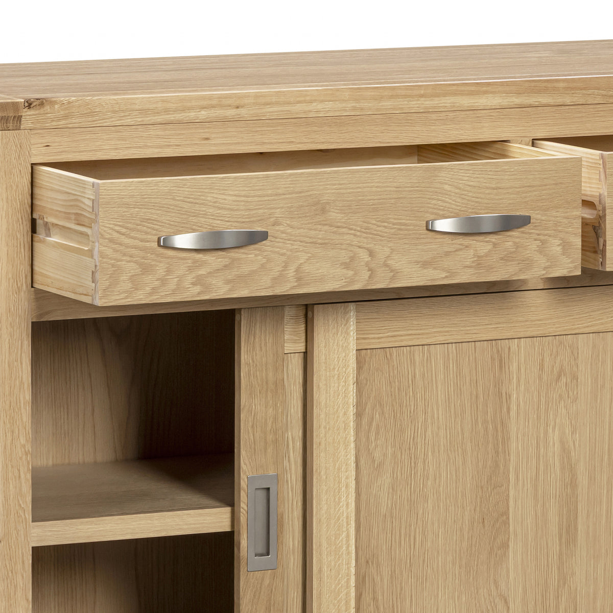Treviso oak Sliding Door Sideboard, door and drawer detail