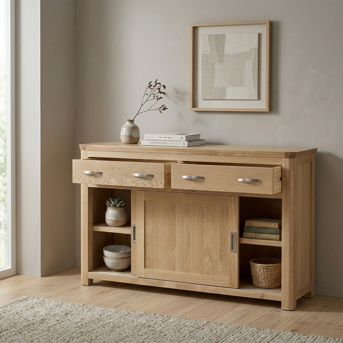 Treviso oak Sliding Door Sideboard, room setting with sliding door open