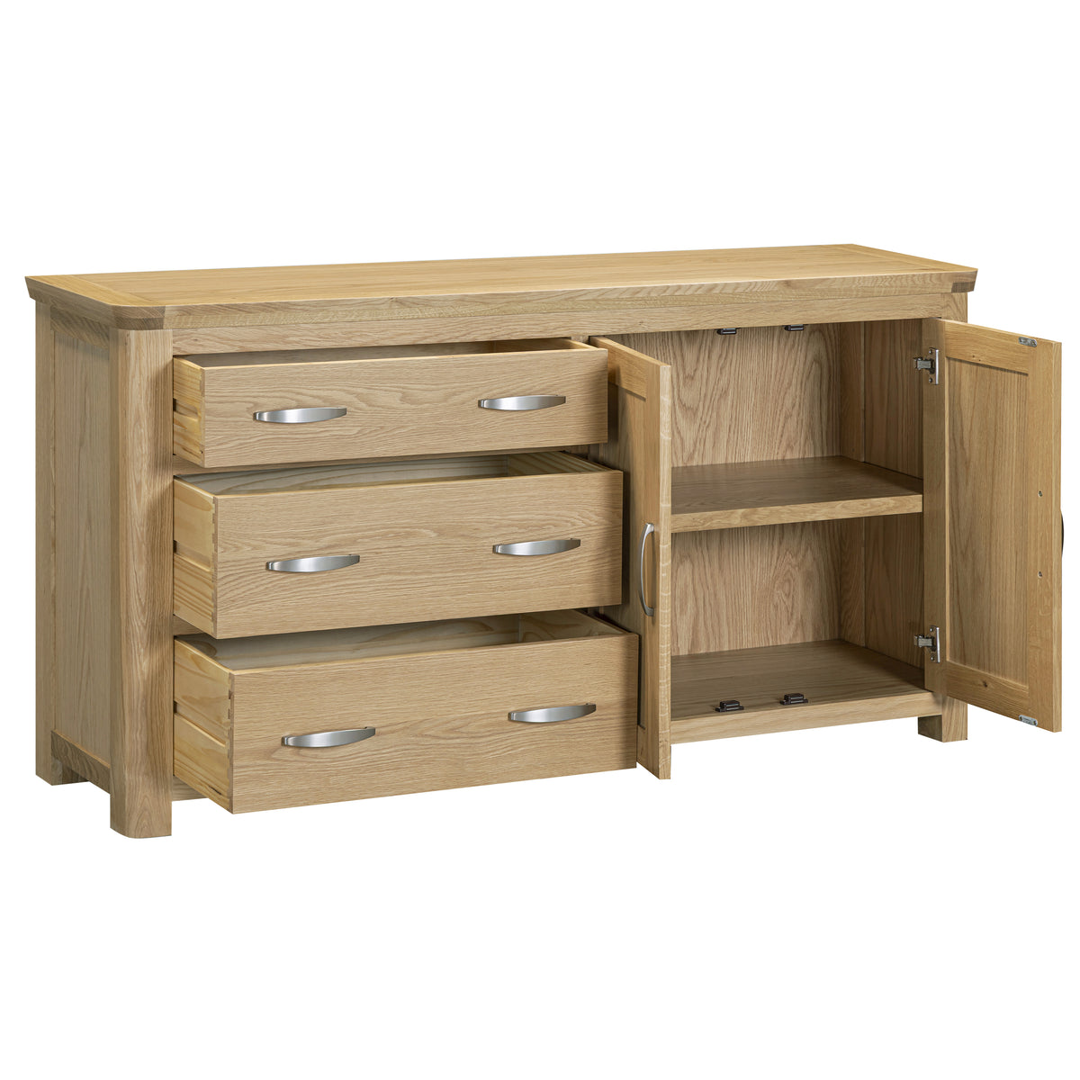 Treviso oak Large Sideboard, open drawers and cupboard