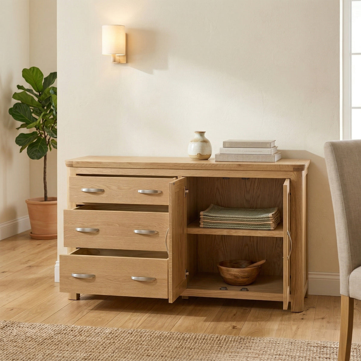 Treviso oak Large Sideboard, room setting with storage open