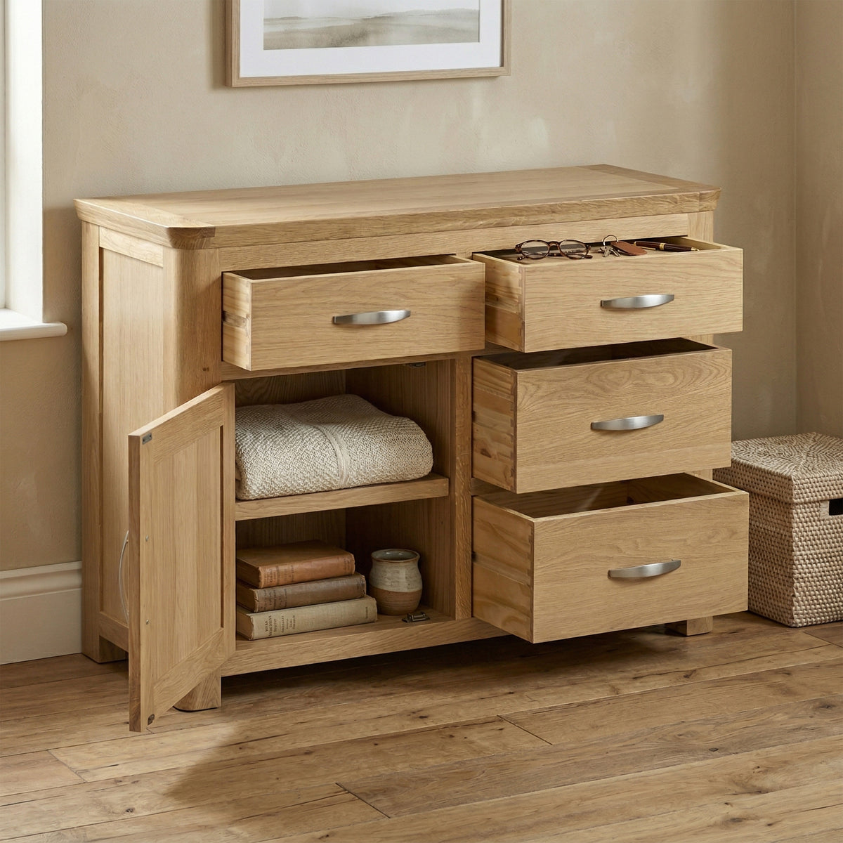 Treviso oak Small Sideboard, room setting with storage open