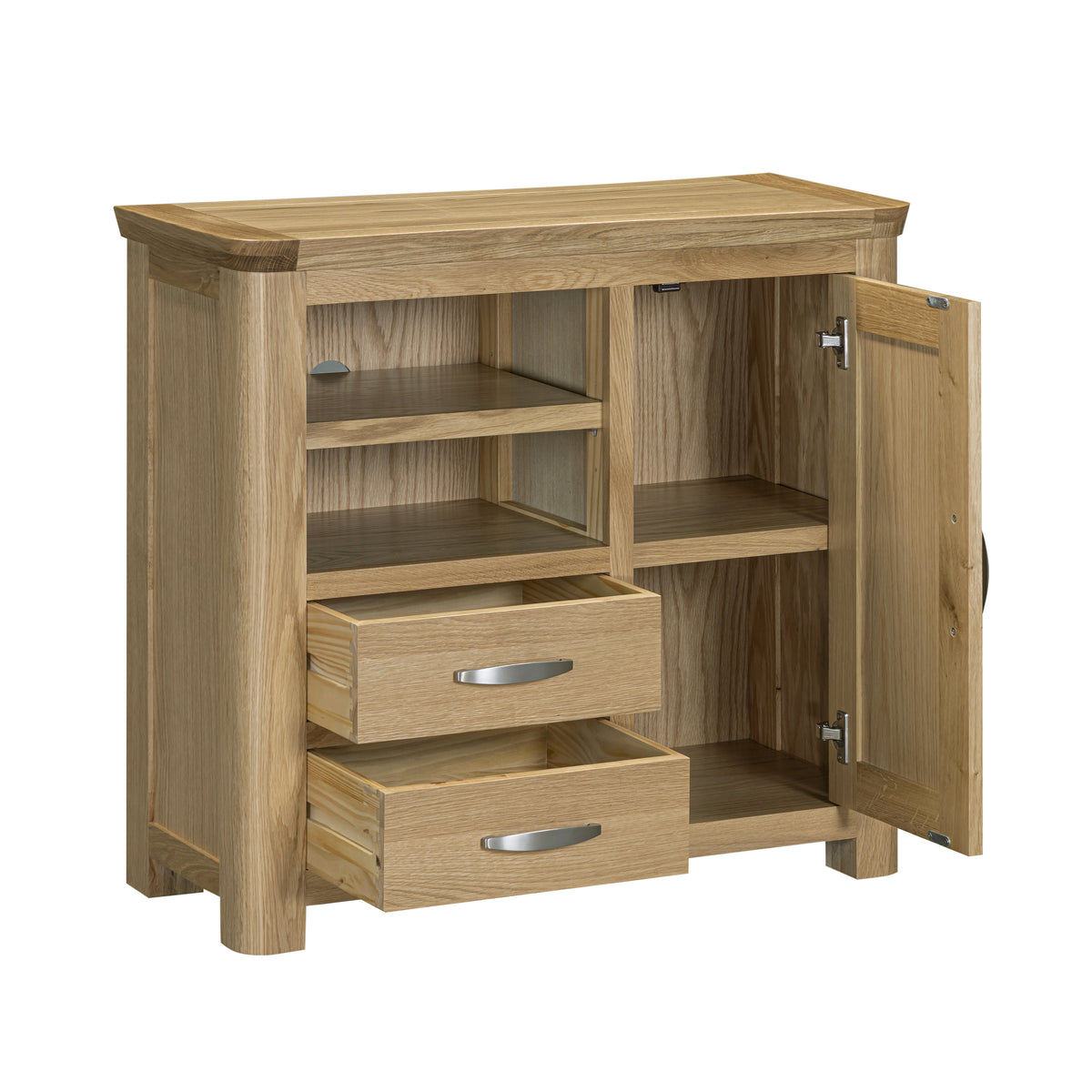 Treviso oak Media Sideboard, open cupboard and drawers