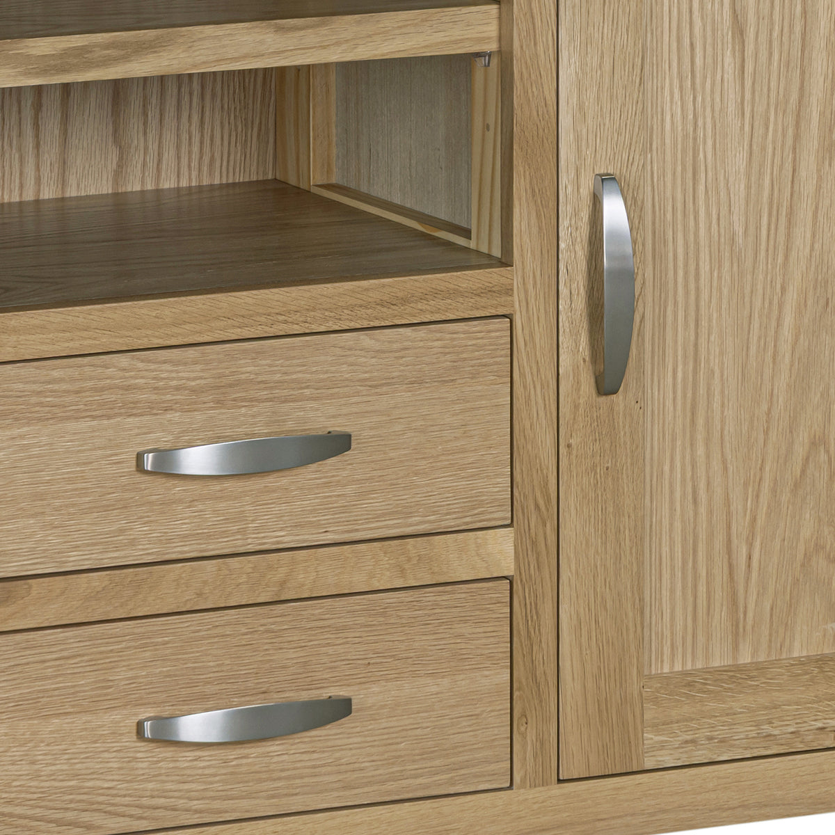 Treviso oak Media Sideboard, handle and open shelf detail