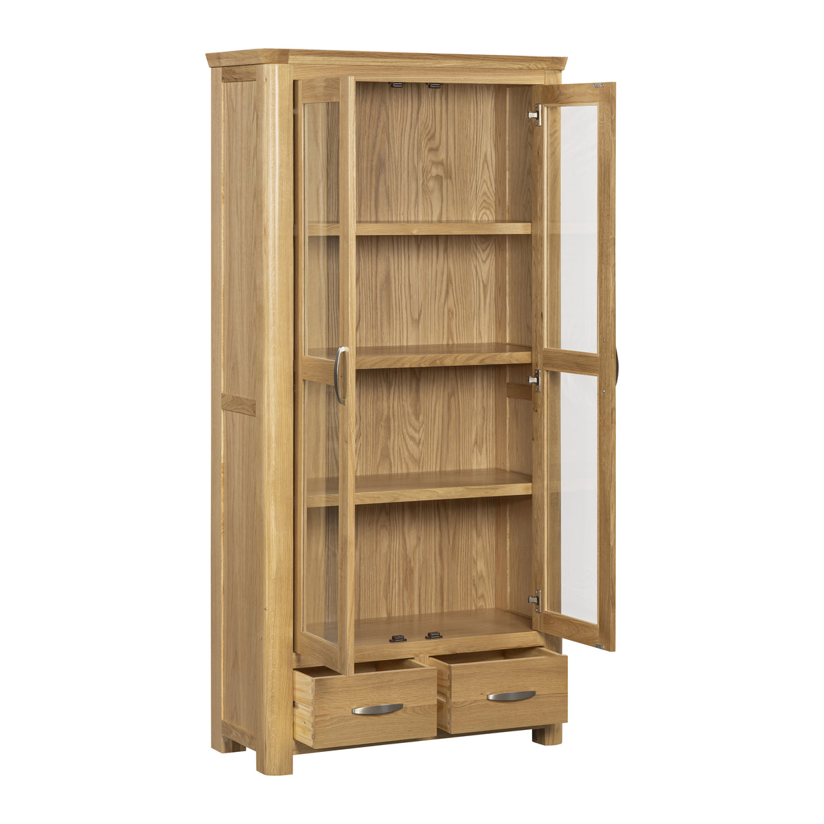 Treviso oak High Display Cabinet, open doors and drawers