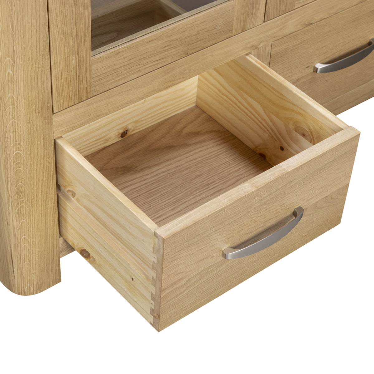Treviso oak High Display Cabinet, dovetailed drawer detail