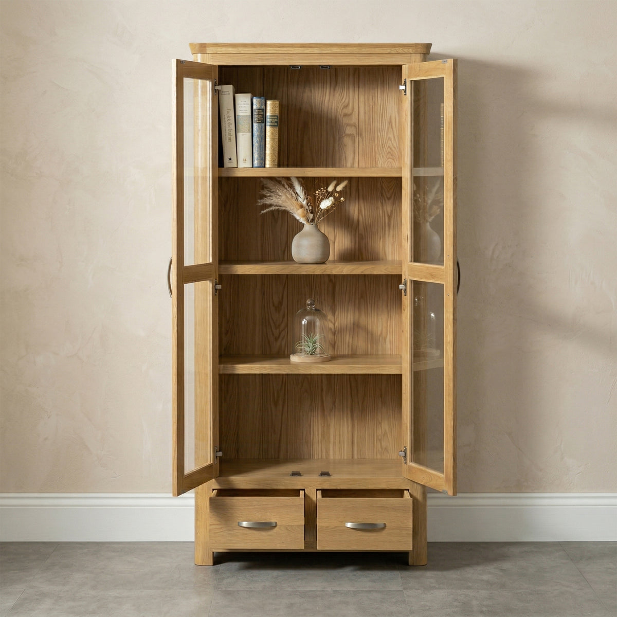Treviso oak High Display Cabinet, room setting with doors and drawers open