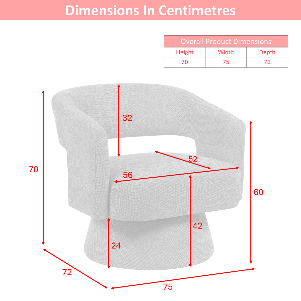 Orla accent chair dimensions: width 75 cm, depth 72 cm, height 70 cm