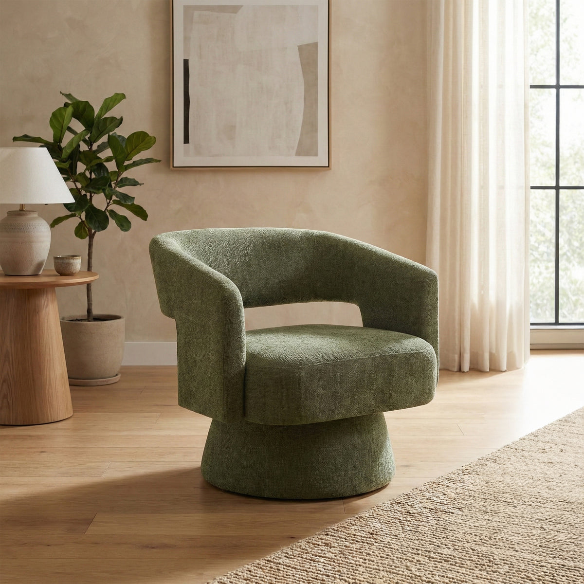 Orla Green fabric swivel accent chair in a second room setting