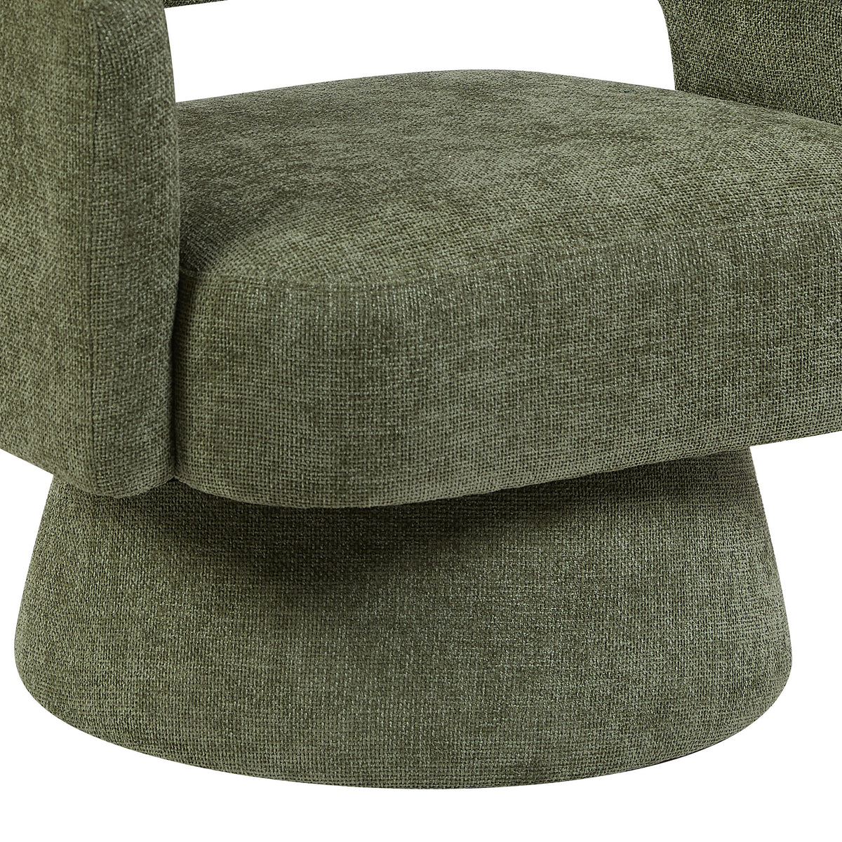 Orla Green fabric swivel accent chair seat and pedestal close-up