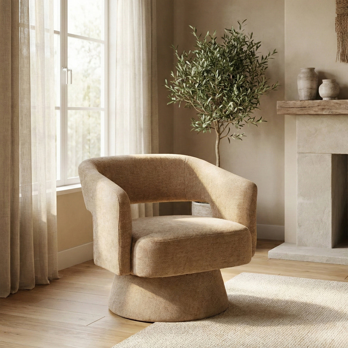 Orla Oatmeal fabric swivel accent chair in a second room setting