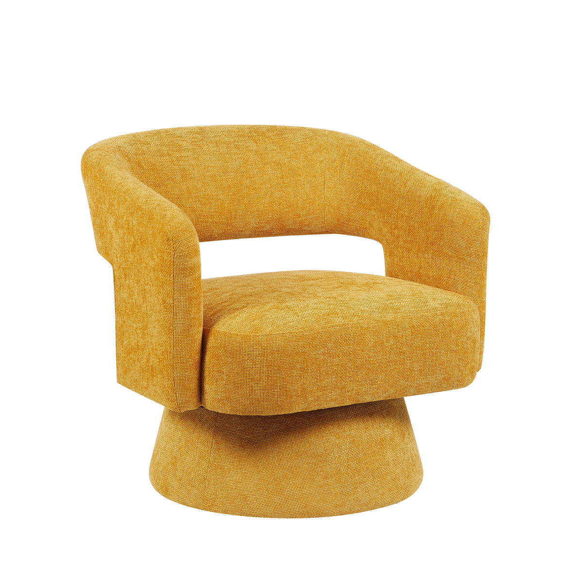 Orla Ochre fabric swivel accent chair angled view