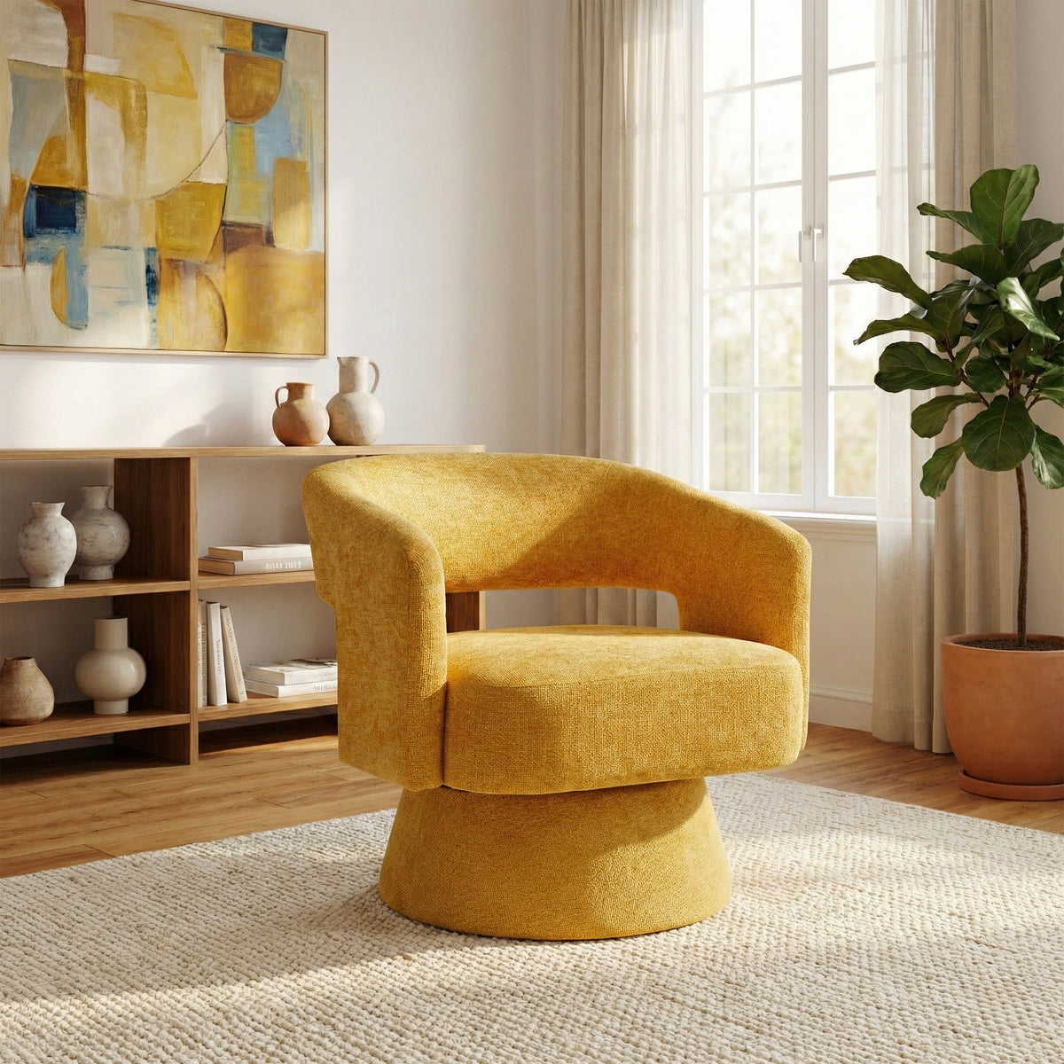 Orla Ochre fabric swivel accent chair in a second room setting