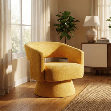 Orla Ochre fabric swivel accent chair in a styled room