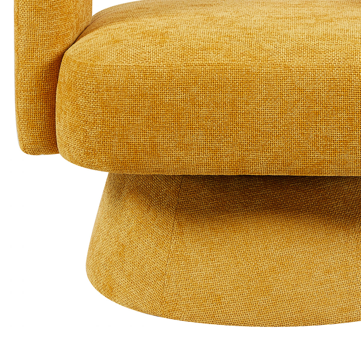 Orla Ochre fabric swivel accent chair seat and pedestal close-up