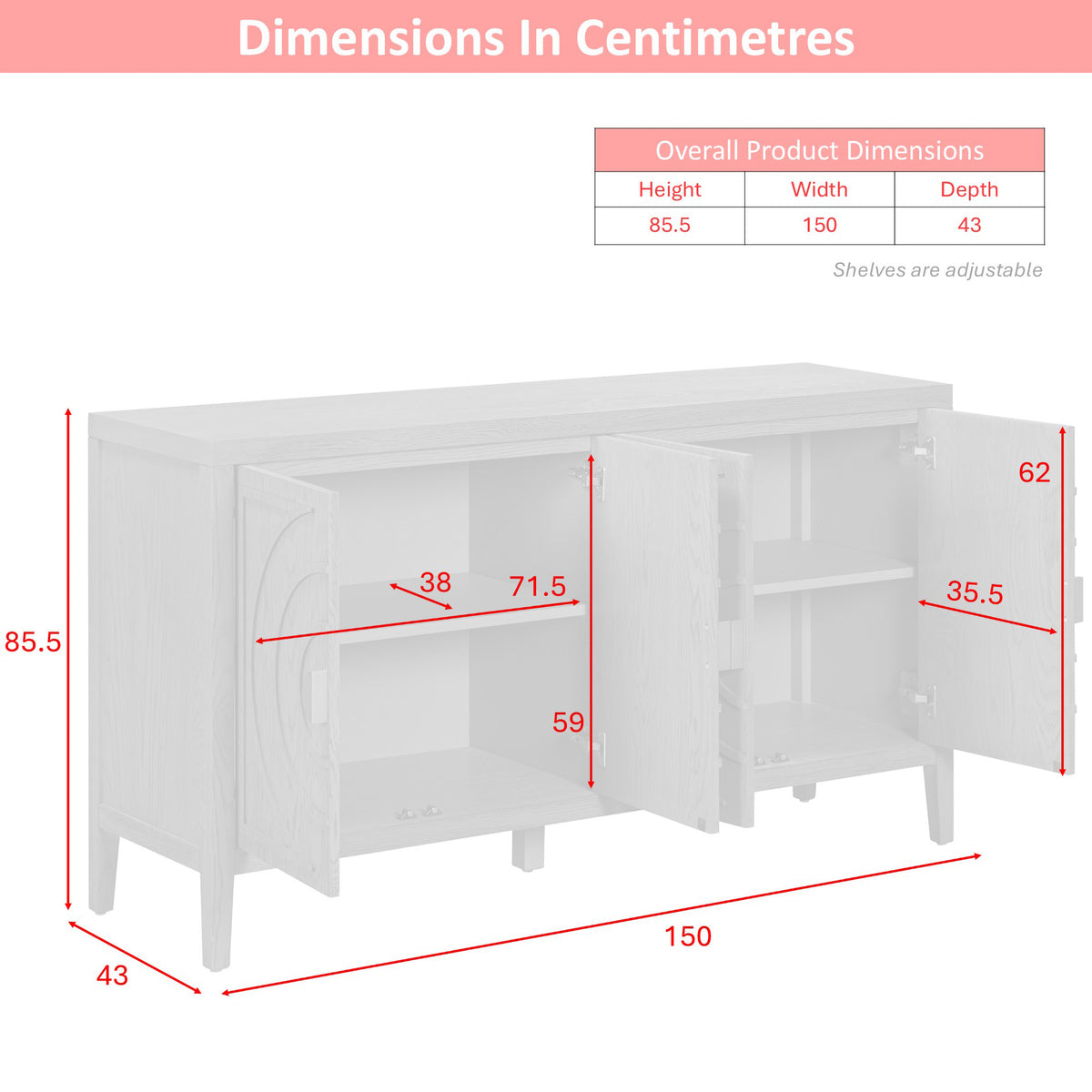 Oslo 4 Door Sideboard - dimension diagram