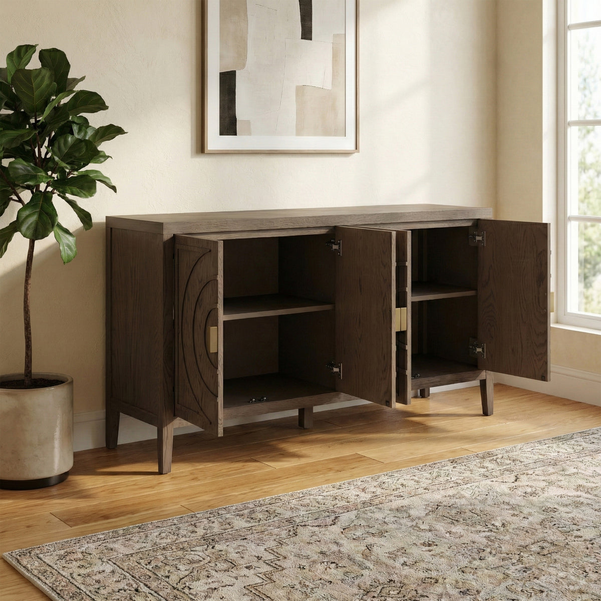 Oslo 4 Door Sideboard - open cupboards in a room setting