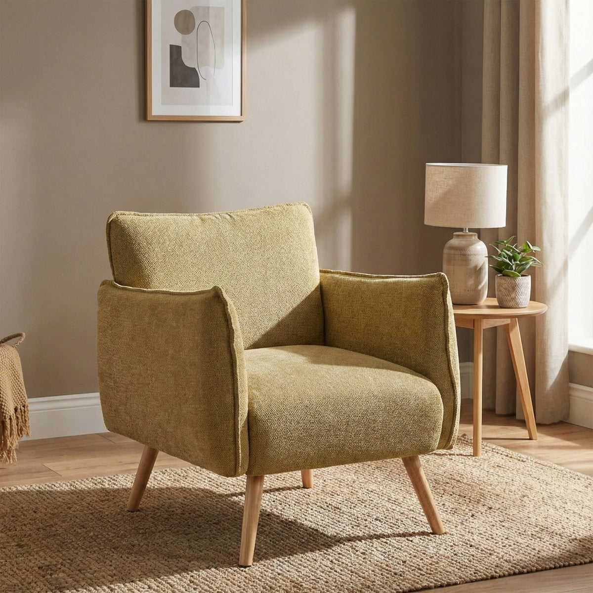 Piper Olive Green fabric accent chair in a styled room