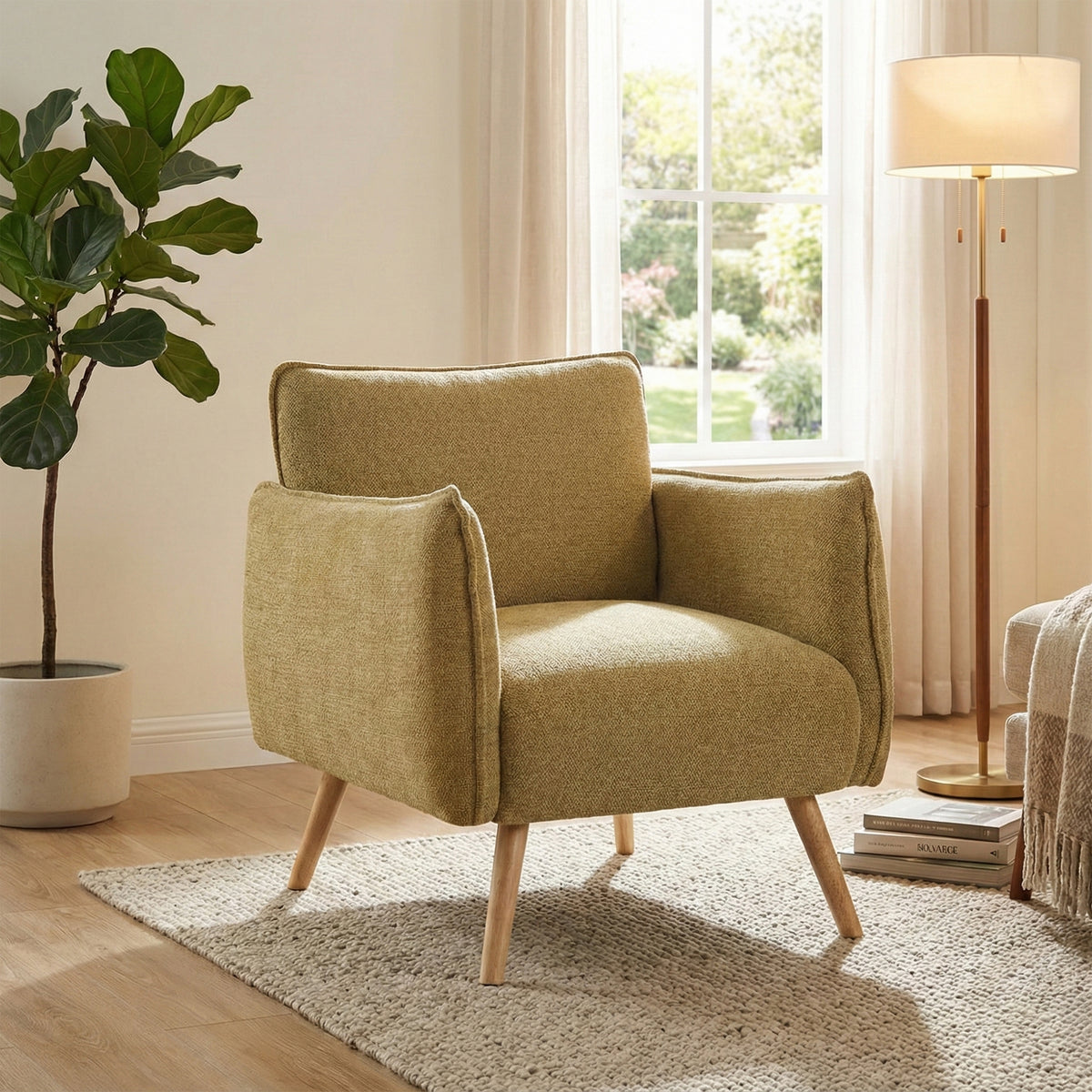 Piper Olive Green fabric accent chair in a second room setting