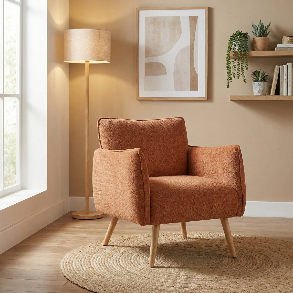 Piper Rust fabric accent chair in a styled room