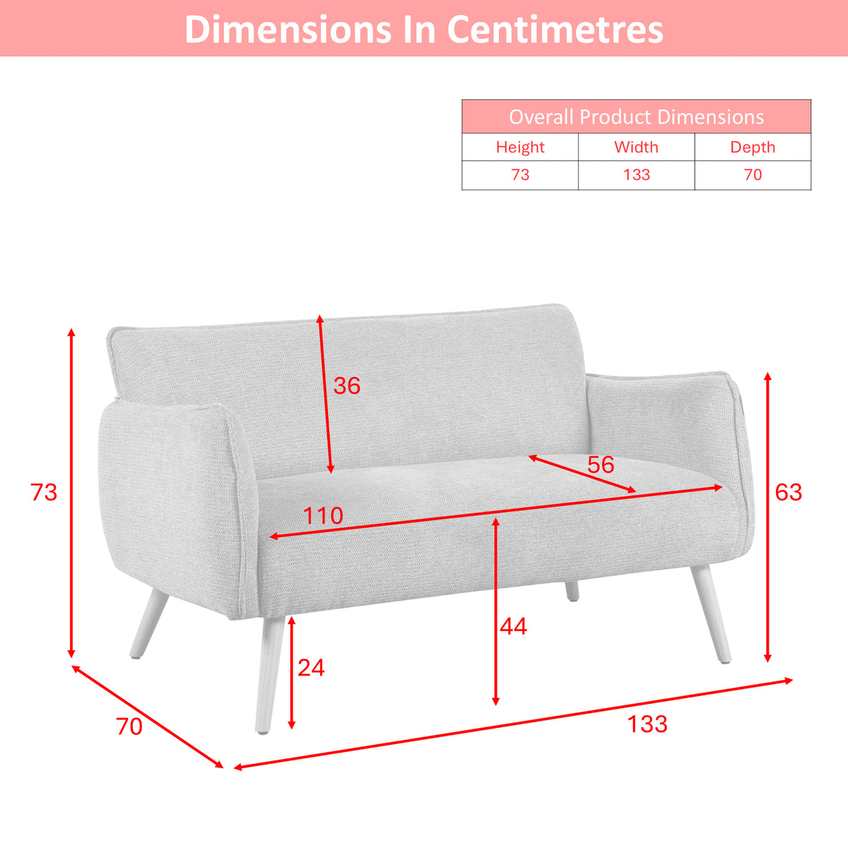 Piper two-seater sofa dimension diagram