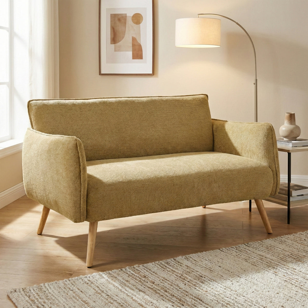 Piper Olive Green fabric two-seater sofa in a styled room