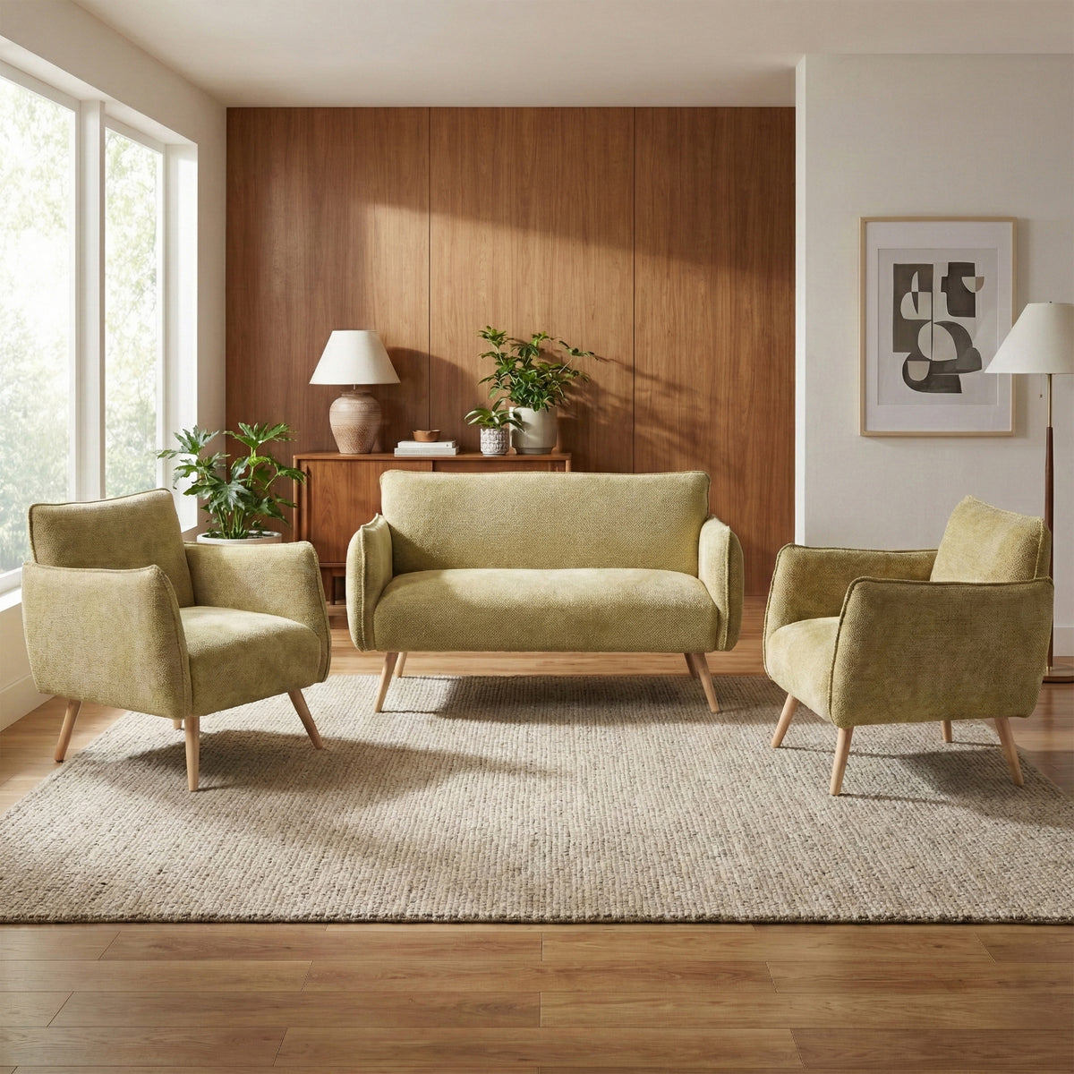 Piper Olive Green two-seater sofa in a room with matching chairs; chairs shown separately