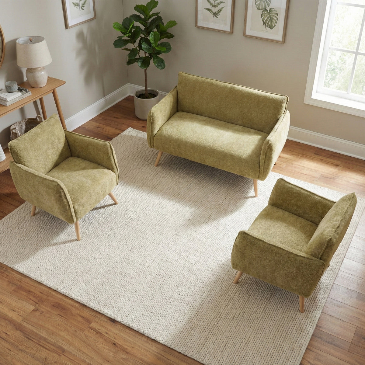 Piper Olive Green two-seater sofa in a second room with matching chairs; chairs shown separately