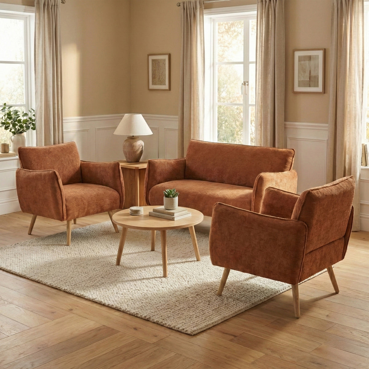 Piper Rust two-seater sofa in a room with matching chairs; chairs shown separately