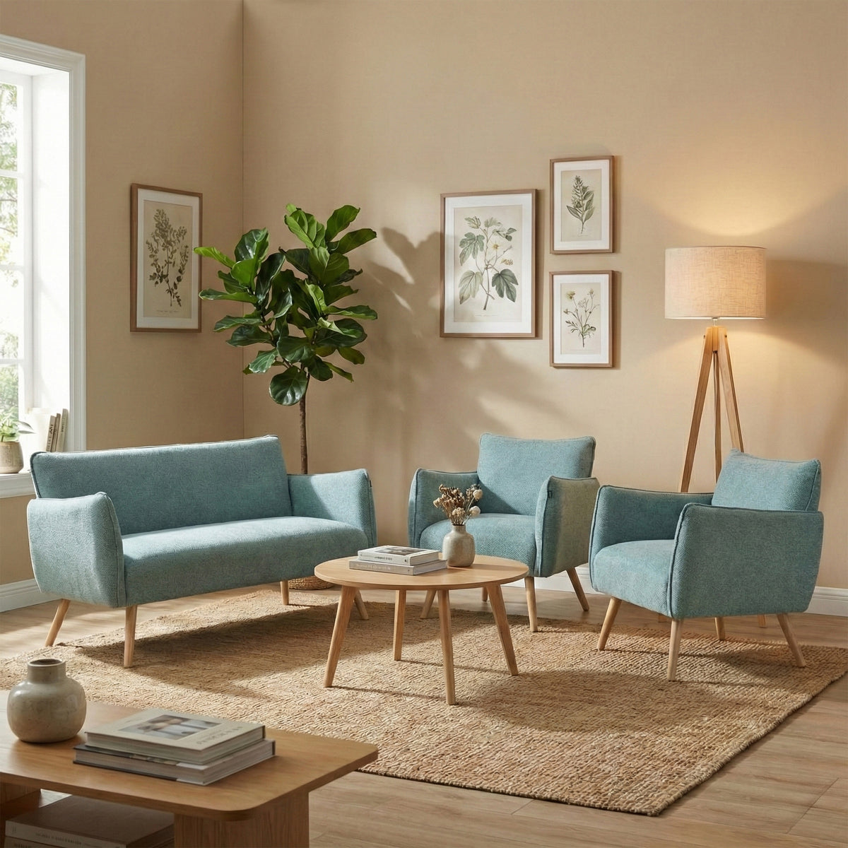 Piper Teal two-seater sofa in a room with matching chairs; chairs shown separately