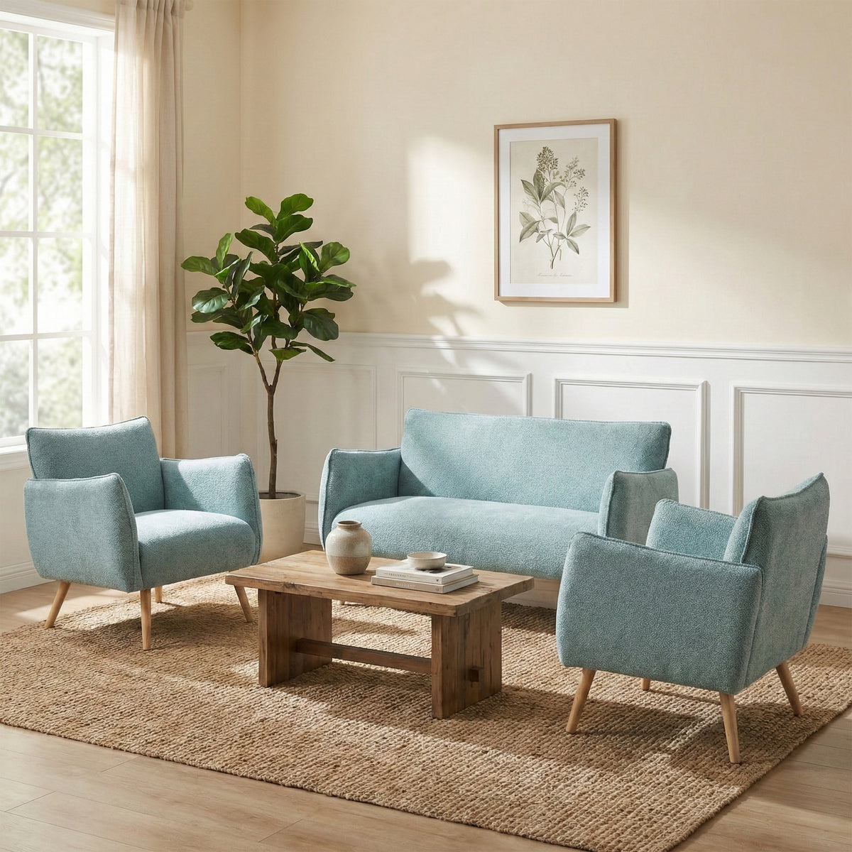 Piper Teal two-seater sofa in a second room with matching chairs; chairs shown separately