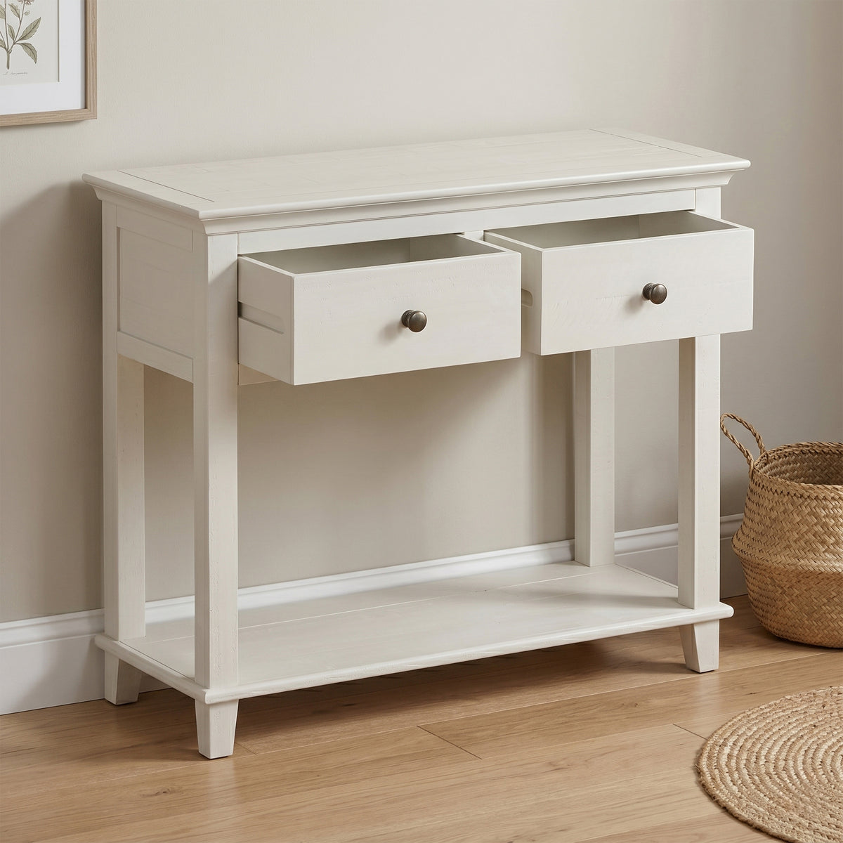 Provence 2 Drawer Console Table - Truffle - drawers open in a room setting