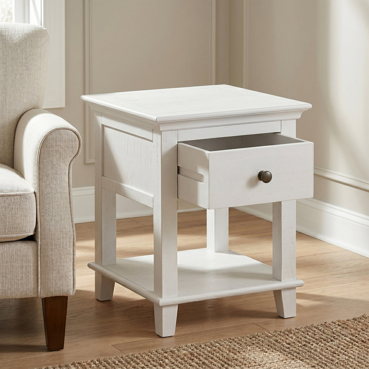 Provence End Table - Truffle - drawer open in a room setting