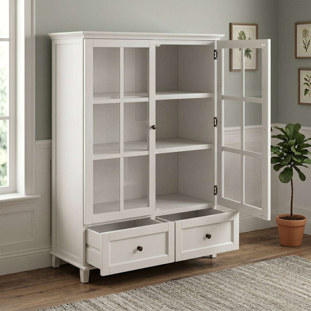 Provence Low Display Cabinet - Truffle - doors and drawers open in a room setting