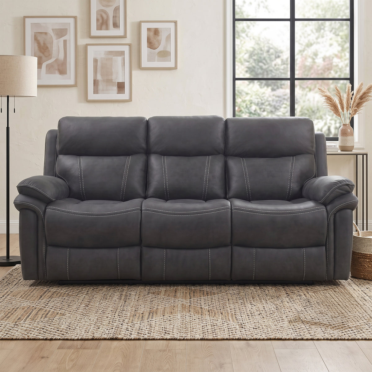 Richmond electric 3 seater sofa in Charcoal Leather Air, living room view 2