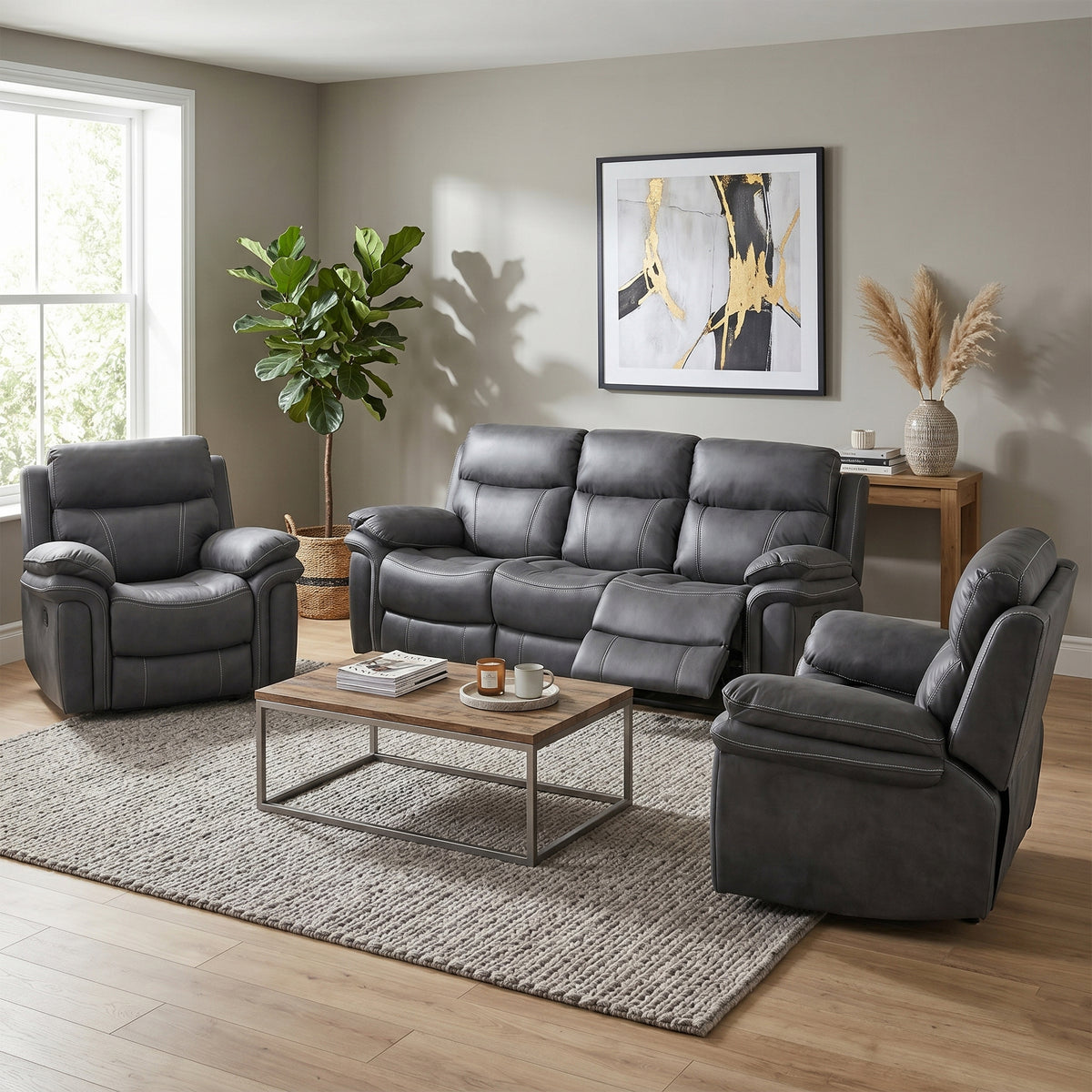 Richmond 3+1+1 suite in Charcoal Grey Leather Air, living room view 2