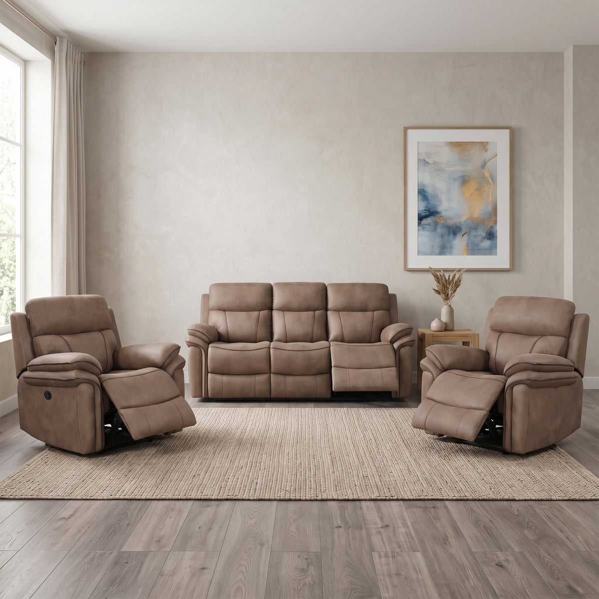 Richmond Leather Air in Sahara, 3+1+1 suite with recliners extended